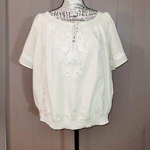Lucky Brand Women's Floral Embroidered Peasant Top Sz 2X Yellow Boho Milkmaid